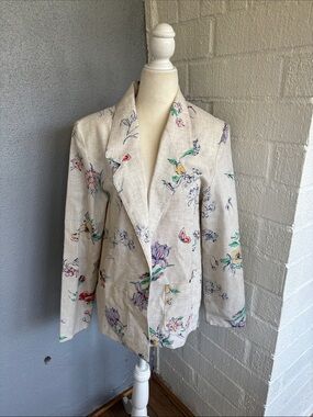 Vintage Pykettes Flax Floral Linen-Blend Blazer Jacket sz 12